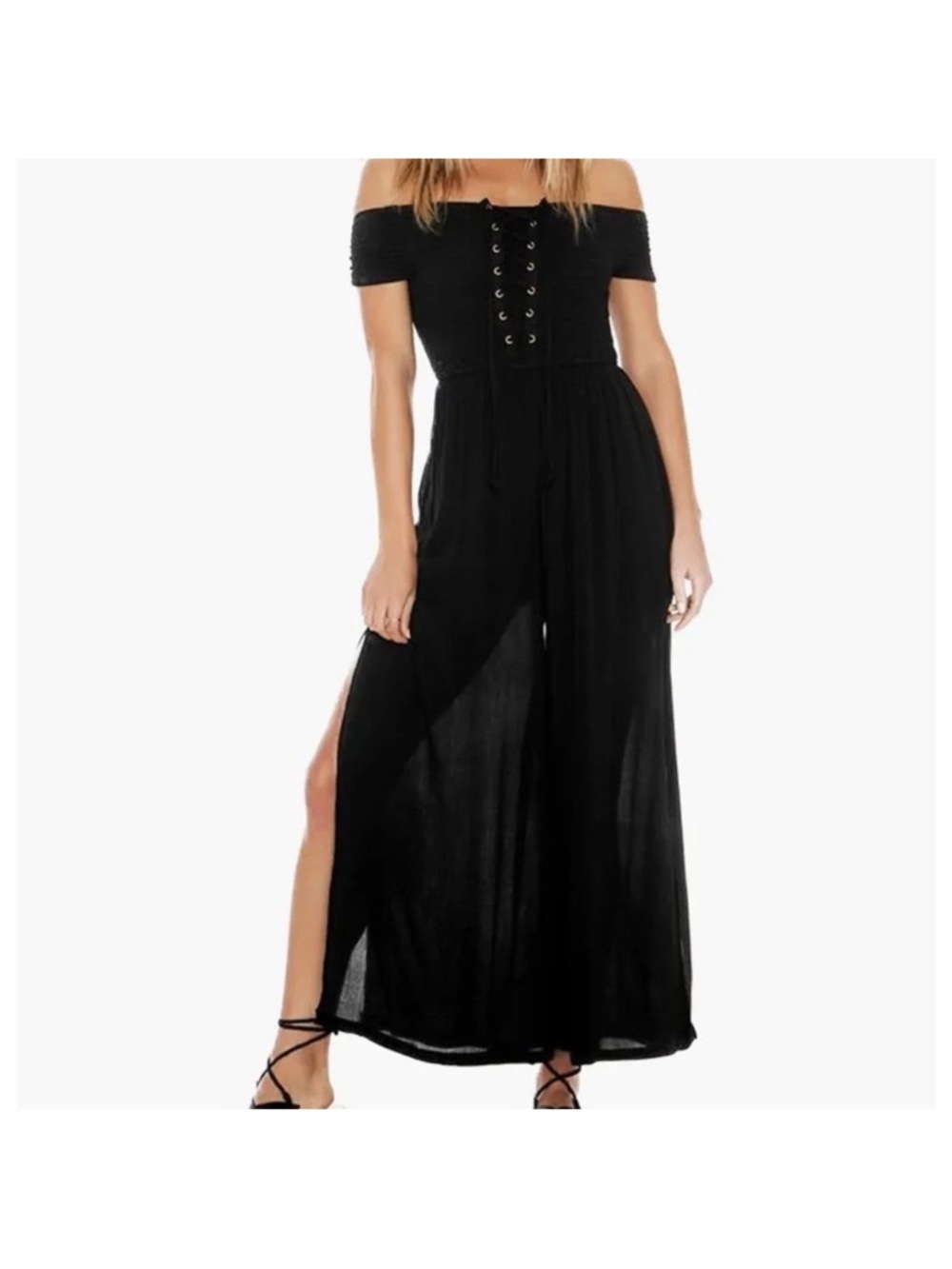 L Space Sao Paulo Romper Black Women Size Small Off Shoulder Lace Up Wide Leg